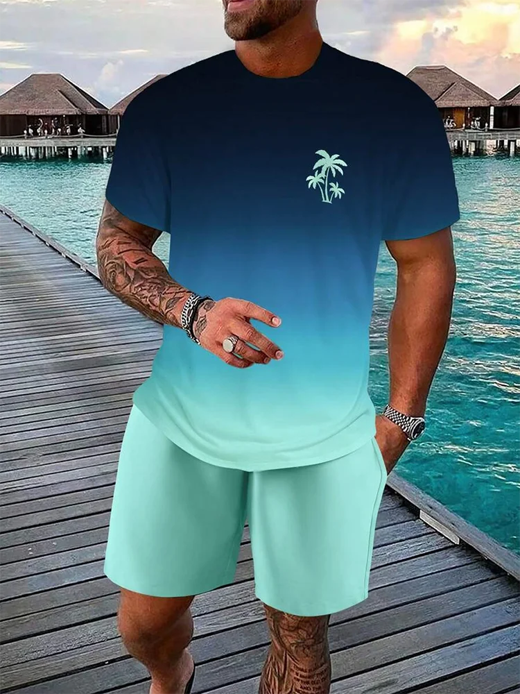 Summer men's two-piece set Hawaii fashion casual men's T-shirt outdoor beach men's shorts palm tree print round neck soft and co