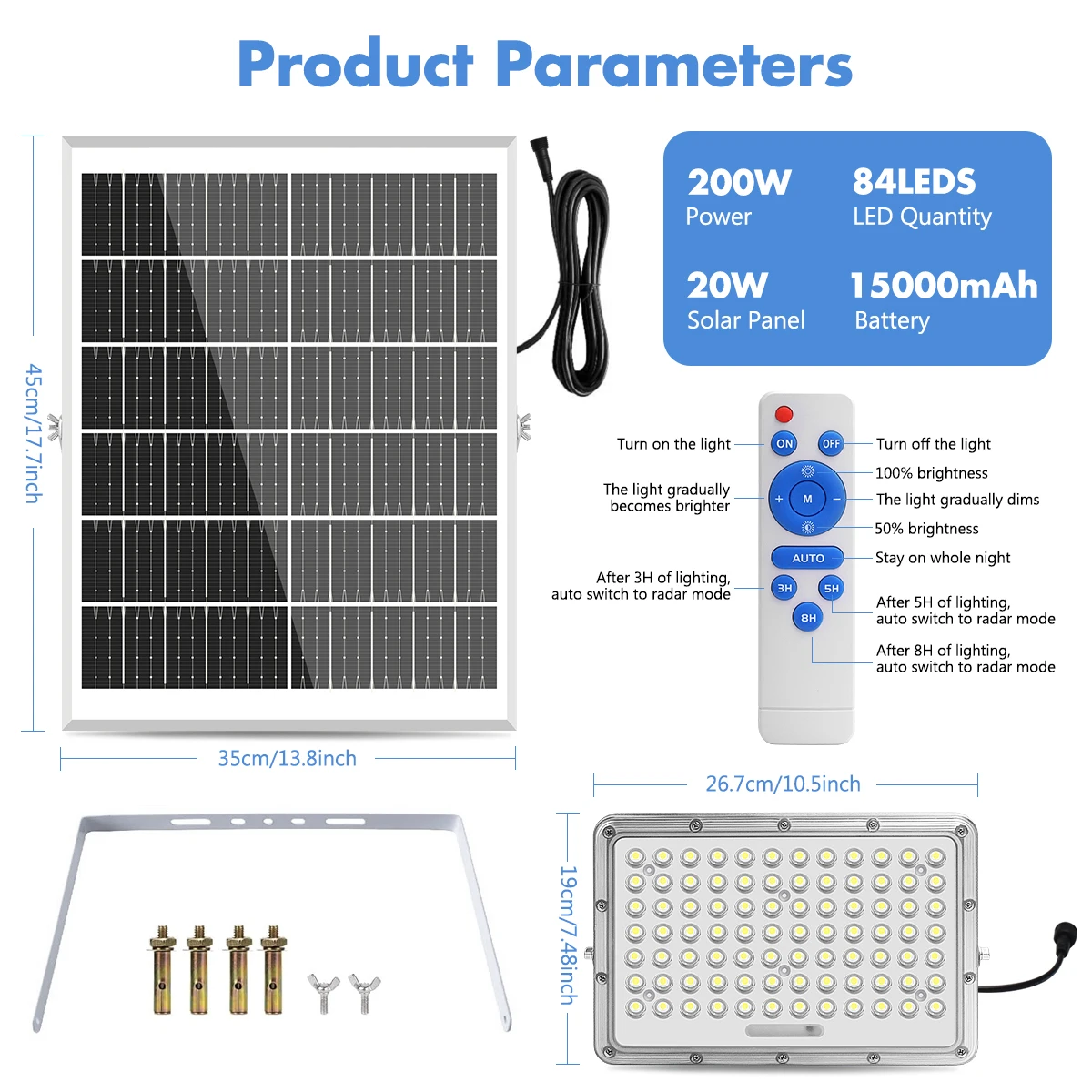 Solar Street Light Waterproof 200W Light Sensor Solar Parking Lot Lights Solar Security Light Outdoor 6500K LED Flood Light