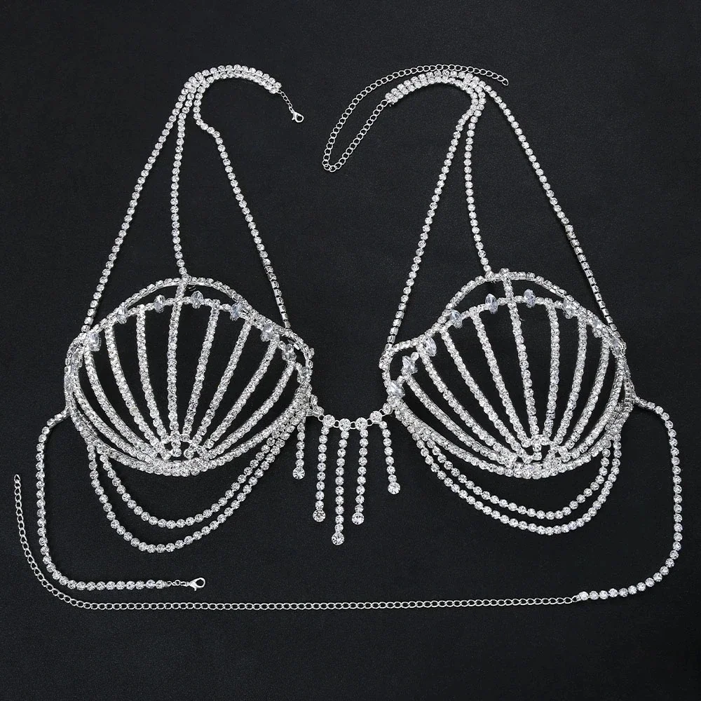 Stonefans New Sea Shell Bra Top Woman Crystal Lingerie Chain Apparel Stripper Outfit Dancewear Exotic Lingerie Wholesale Pendant