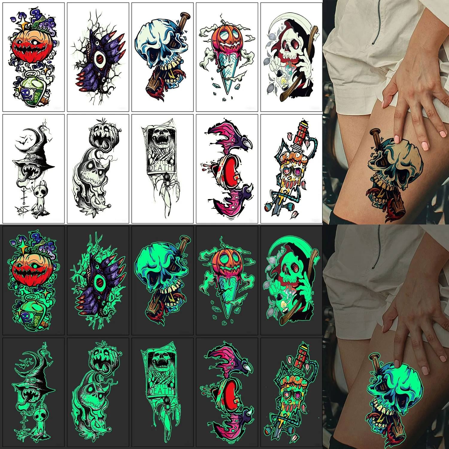 10 Fluorescent Halloween Tattoo Stickers, Ghost Zombie Pumpkin Spider Designs Temporary Tattoos, Waterproof Realistic Body Arm Makeup Fake Tattoos
