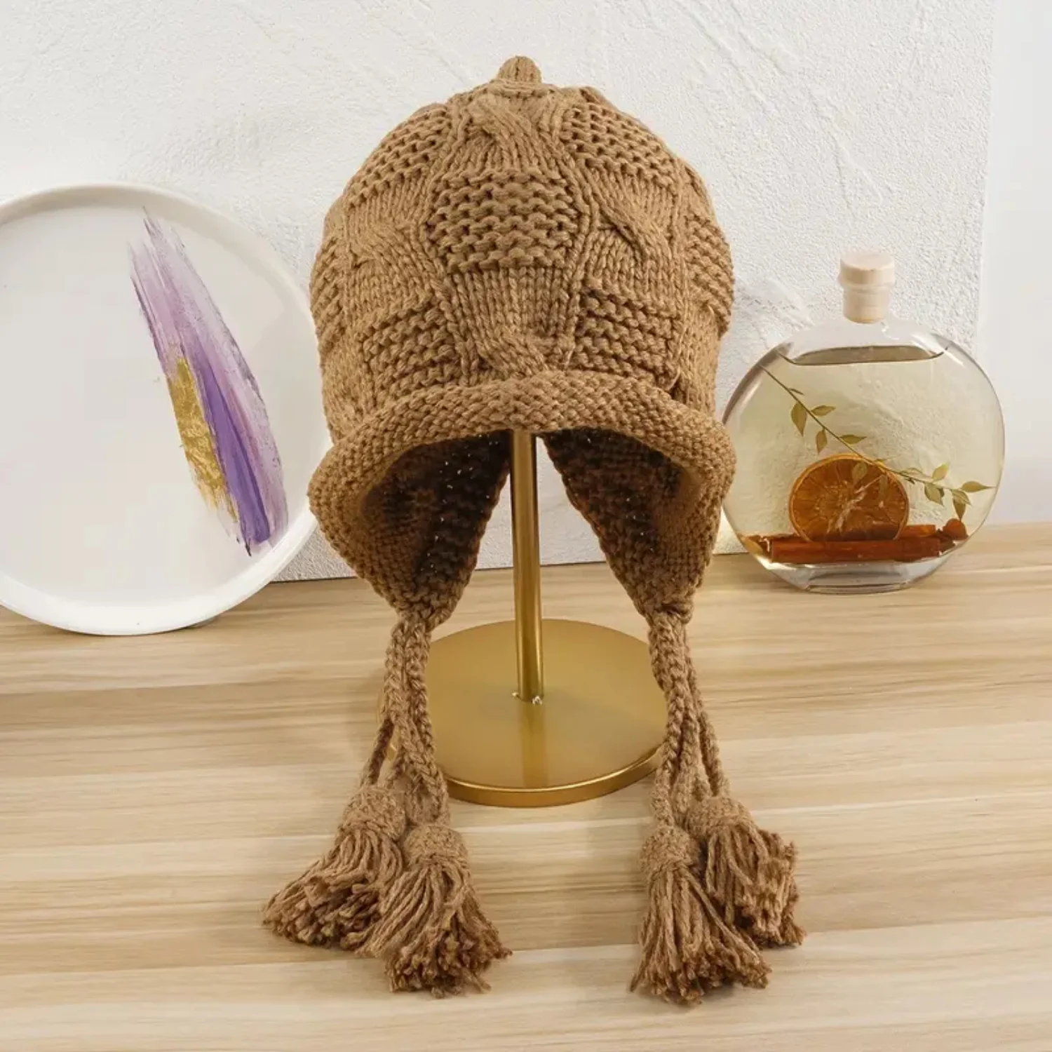 

Hand Knitted Wool Crochet Hat with Tassels - Women's Winter Earflap Cap for Skiing - Cozy and Cute Wool Beanie