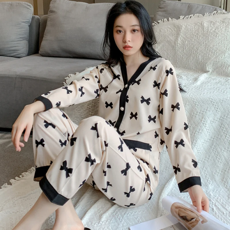 Cute Women\'s Pajamas Set Autumn New Casual Pajamas Sleepwear Home Clothes V-neck Nightwear Pyjamas for Women Trousers Sets