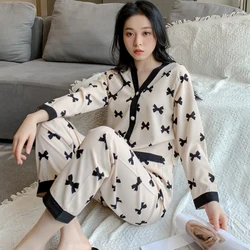 Fashion Bow Tie Design Women's Pajamas White V-Neck Long Sleeve Pajamas Set Women Autumn Soft New Sleepwear Home Wear