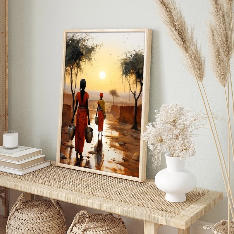 Classic African Women With Sun Canvas Painting Wall Art Poster Prints Elegant Female HD Pictures For Living Room Home Cafe Decor