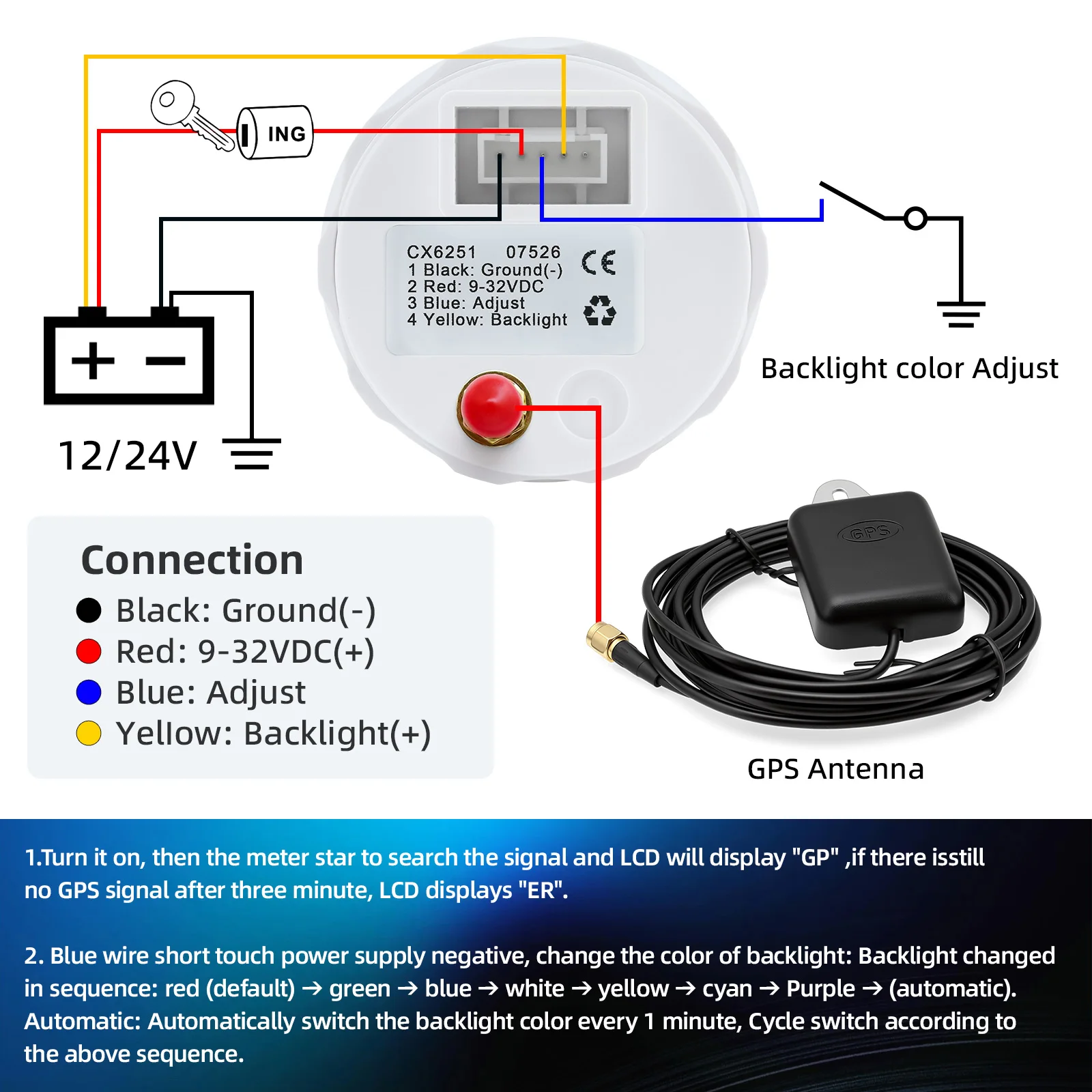 52MM GPS Speedometer 30kmh~200kmh Gauge+Antenna 7 Color Backlight 12V 24V Universal for Vehicles Marine Boat Motorcycle Yacht