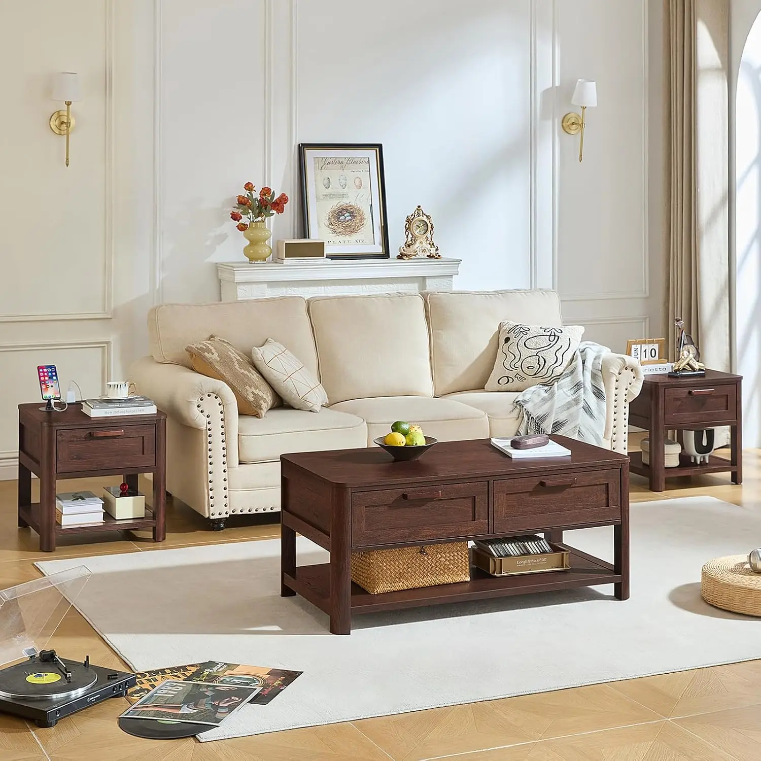 Farmhouse Coffee Table Set of 3, Walnut, Customized