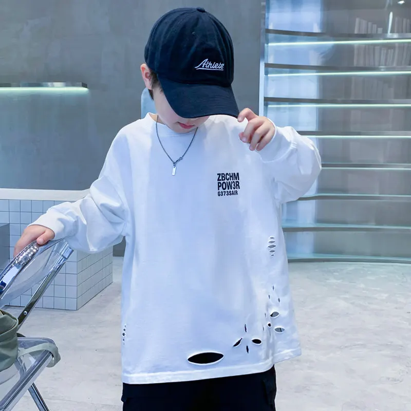 Spring Autumn Boys Fashion Broken Hole Tshirts Letter Printing Long Sleeve Tops Kids Black White Destroy Ripped Big Size Clothes