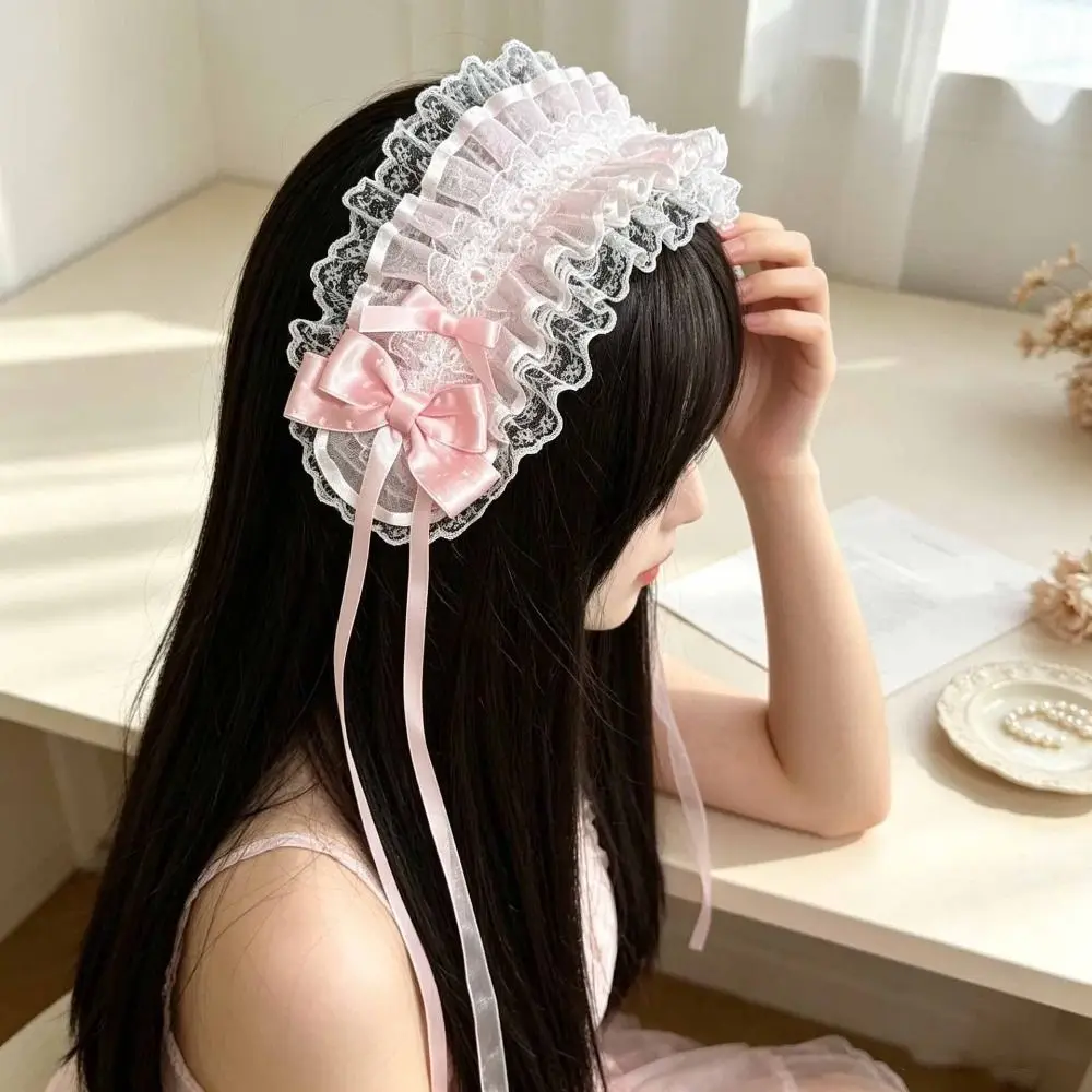 Cute Polka Dot Lace Headband Ruffled Trim Floral Lace Bow Headband Clip Fastening Ribbon Bows Princess Headdress Women