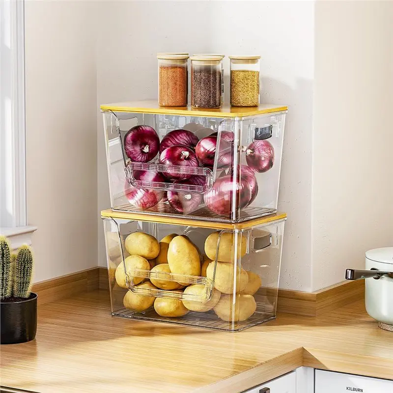 [NEW!A08R】 Stackable 2-Piece Kitchen Storage Set In Clear Plastic, Includes Bamboo Lids Container For Easy Access