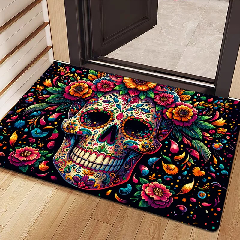 Lebendige, rutschfeste Fußmatte mit Zuckerschädel-Motiv, Flanell-Bodenmatte für Küche, Wohnzimmer, Schlafzimmer, Wäsche, Badezimmer, Tag der Toten, Dekor