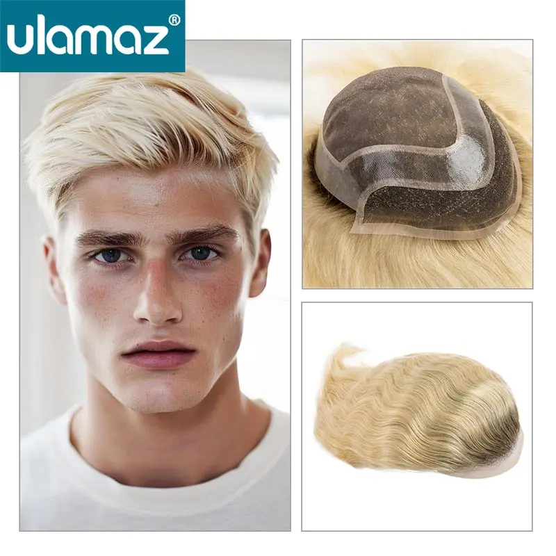 

Mono Lace Men's Wig Skin Pu Around Toupee Male Hair Prosthesis Brown Roots With Blond Colored Hair System For Men Wigs Remy Hair