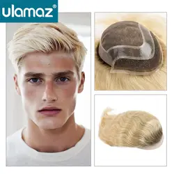 Mono Lace Men's Wig Skin Pu Around Toupee Male Hair Prosthesis Brown Roots With Blond Colored Hair System For Men Wigs Remy Hair