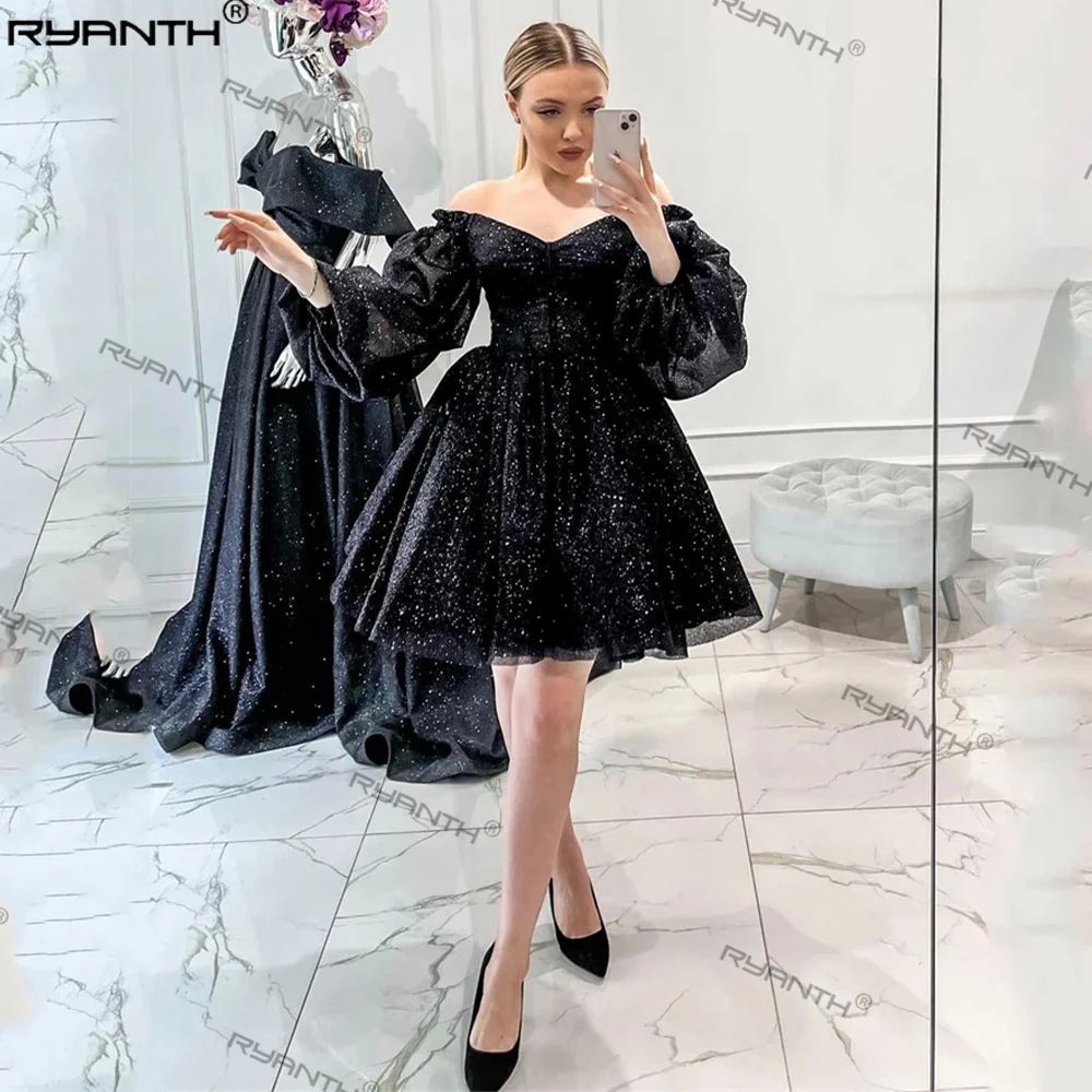 

Ryanth Off Shoulder Homecoming Dresses Short Long Puff Sleeves Exposed Bones Black V-Neck Celebrity Gowns vestidos de noche 2024