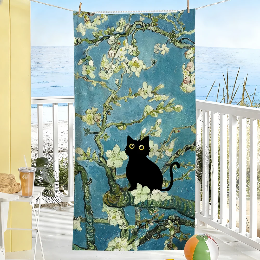 Van Gogh Art Cat Print Towel Soft Pool Gift For Travel Gym Shower Camping Quick Dry Sports Large Beach Towels