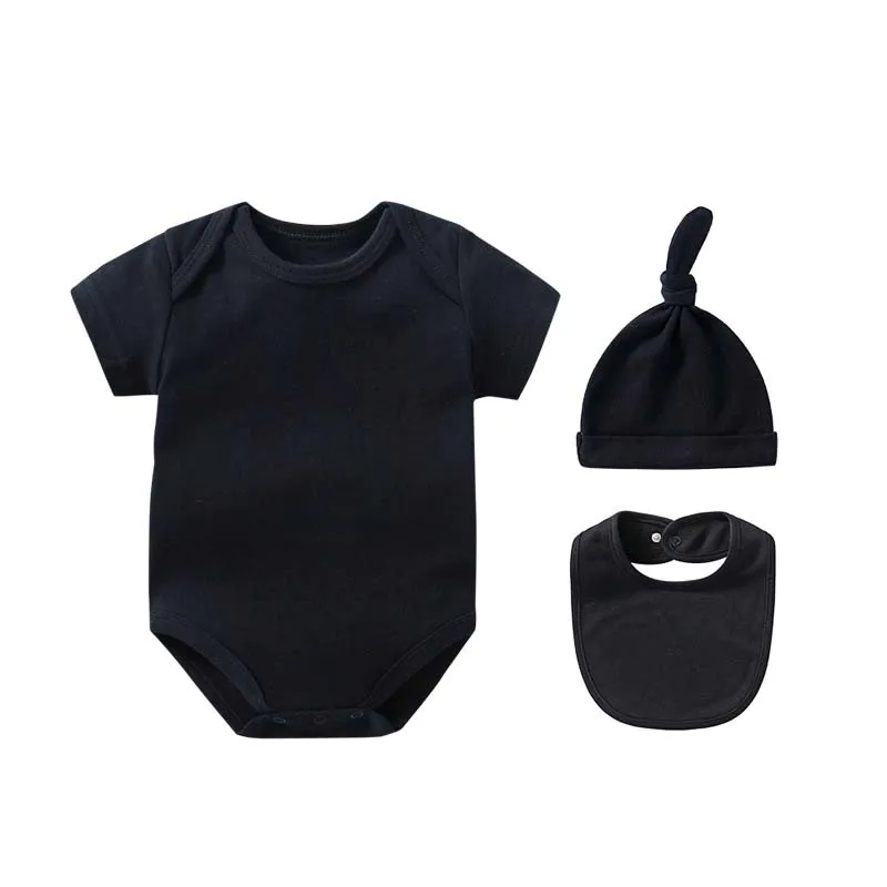 

0-12 Months Baby Sets Boy Girl Cotton Clothes Summer Solid Color Short Sleeve Rompers Hat Bib 3PCS Sets Outfits