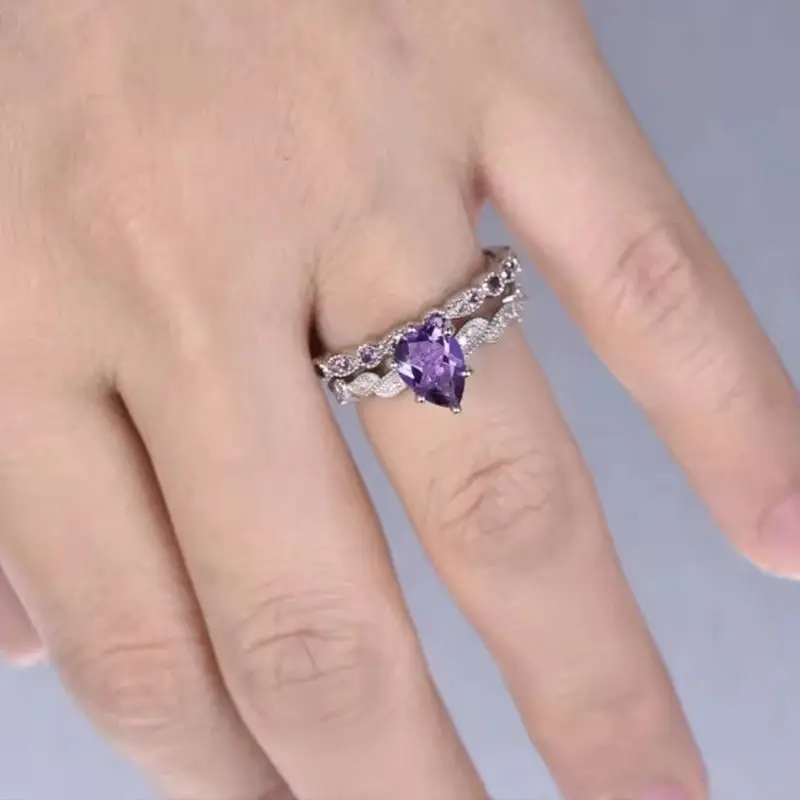 

Christmas Gifts New Elegant Inlaid with Purple Stone Rings Waterdrop Fashion Party Rings Set for Women Jewelry Wholesale