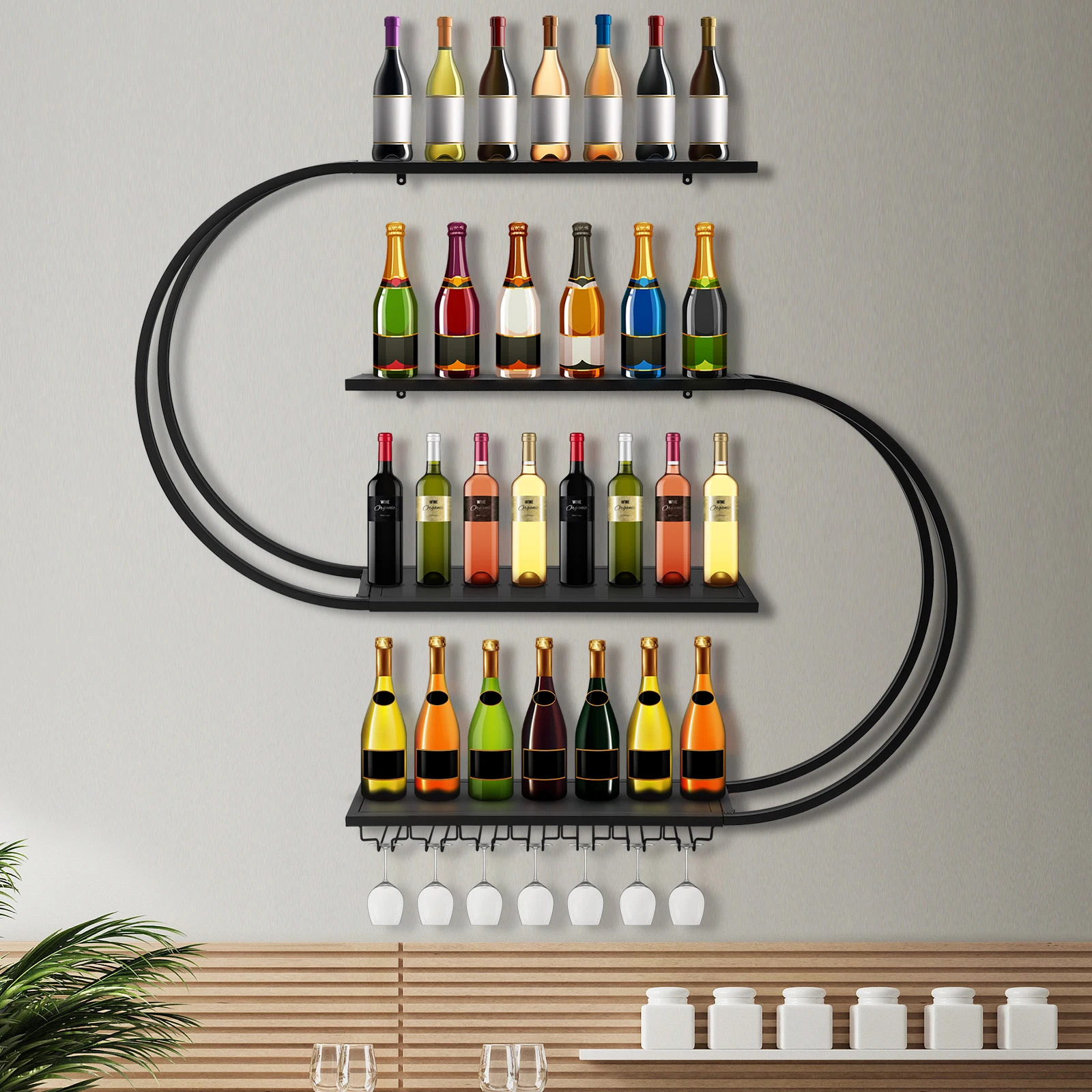 Bar Liquor Bottle Display Shelf with LED Light Countertop Liquor Cabinet Large Capacity for Home Bar Dining Room Decorative