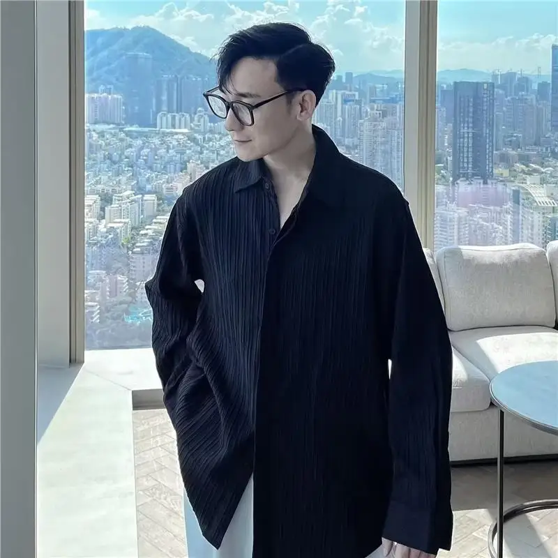 

Весенние мужские повседневные полосатые длинные све irt большого размера в Корейском стиле, свободный крой против морщин, Lazy Faion, Гонконгский Sle