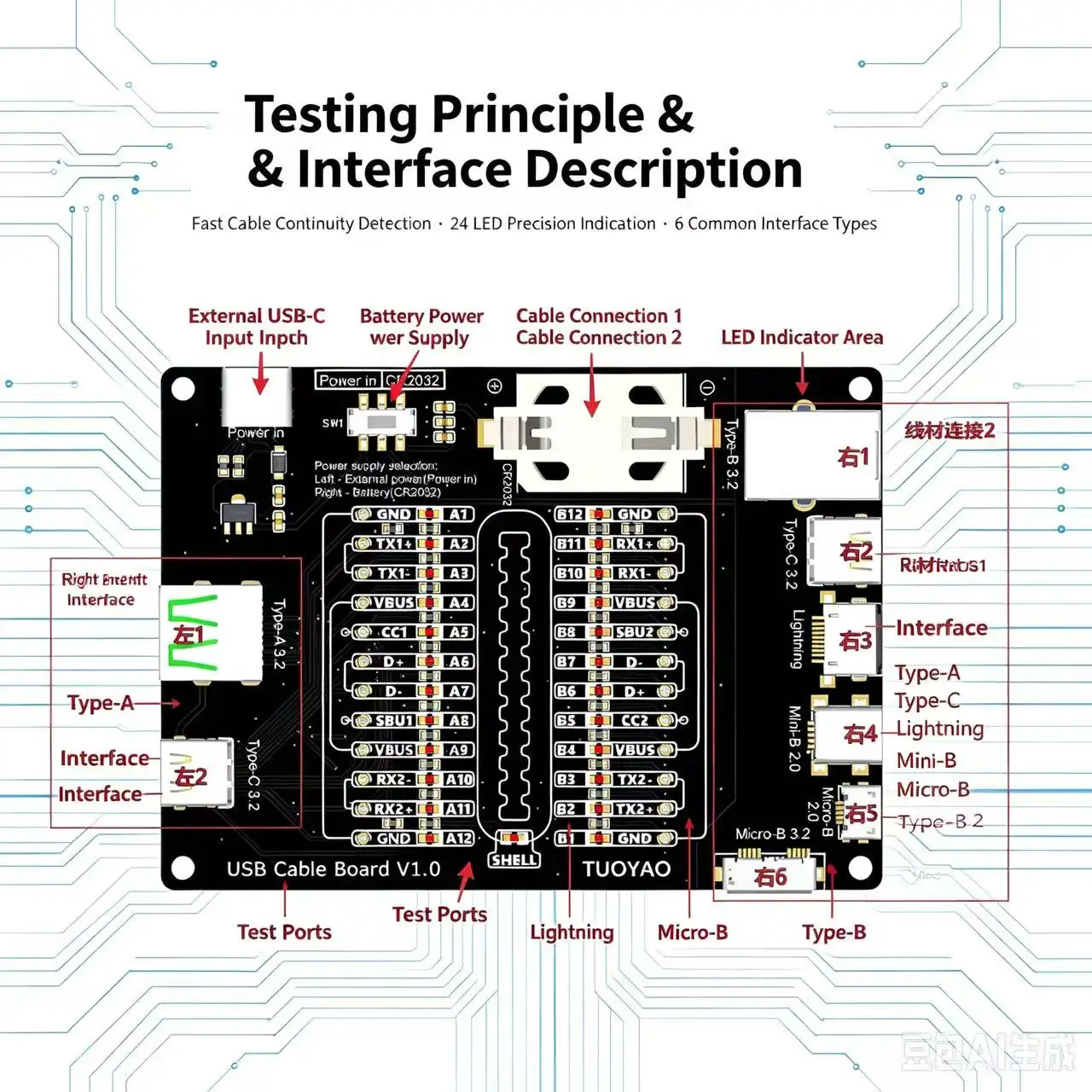 USB Cable Tester Type-C Type-B Micro Short Circuit Switch Test Board Data Cable Anomaly Detection For iOS Android Test Board
