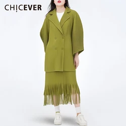 CHICEVER Solid Two Piece Sets For Women Lapel Long Sleeve Spliced Double Breasted Top Midi Skirt With Tassel Fashion Suit Female