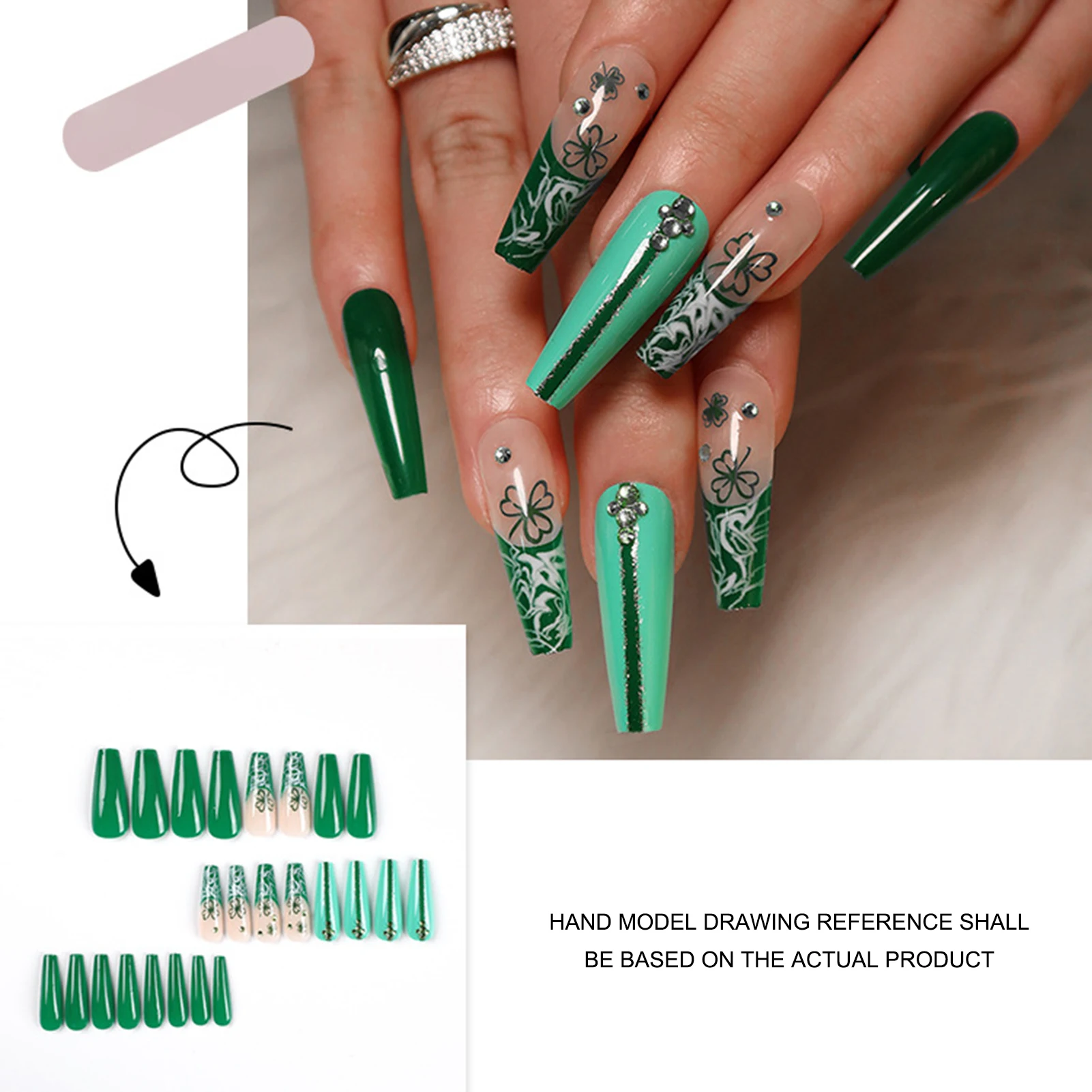 Green Fake Nails with Four-leaf Clover Printed Charming Comfortable to Wear Manicure Nails for Manicure Lovers and Beauty