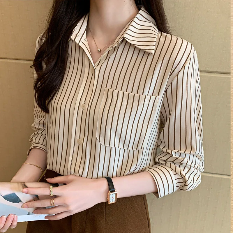 Women Clothing Fashion Khaki Striped Long Sleeve Shirt Autumn New Pure Cotton Loose All-match Blouses Office Lady Pockets Tops