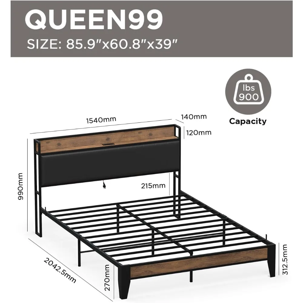 Bed Frame with Storage Headboard, Built-in Charging Station, Easy Assembly, Noise Free, Non-Slip Design, Sturdy and Stable