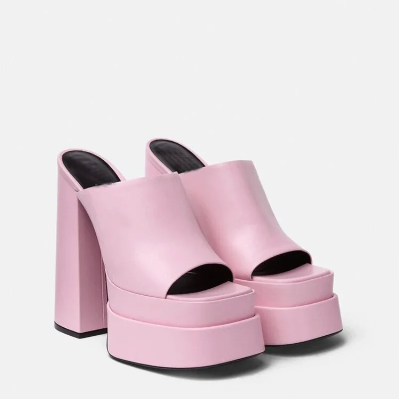 Women\'s Slippers Summer High Heels Square Toe Platform Ladies Shoes Female Fashion Slipper Thick Bottom Woman Sandals New