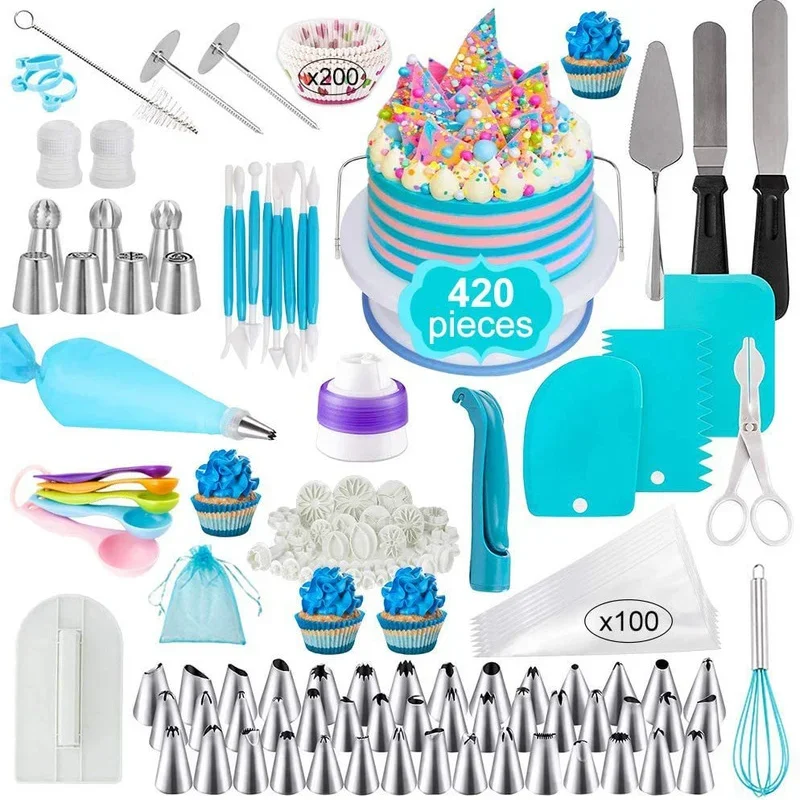 420PCS Cake Turntable Cake Decorating Tools Spatula Kit Rotary Table Baking Tool Piping Nozzle Piping Bag Baking Supplies Sets