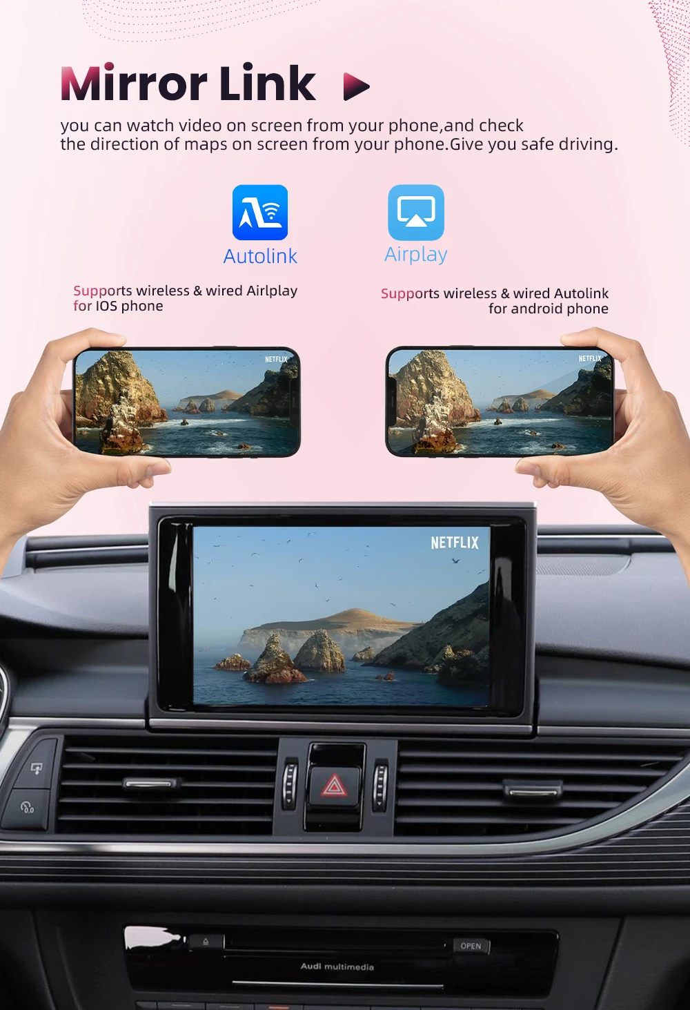 BONROAD Drahtloses CarPlay-Schnittstellenmodul für Audi A6 A7 A4 A5 Q3 A1 Q5 mit Android Auto Mirror Link AirPlay Bluetooth – Detail 5