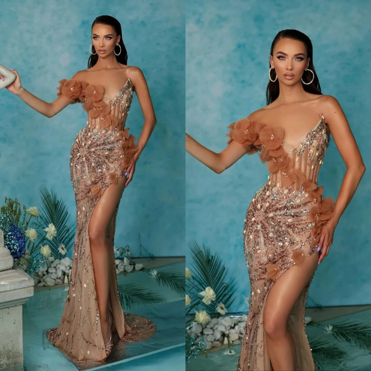 Abiti da sera di lusso con scollo a V e perline Abito da ballo sexy con paillettes senza maniche con applicazioni a sirena Abito da festa con spacco alto personalizzato