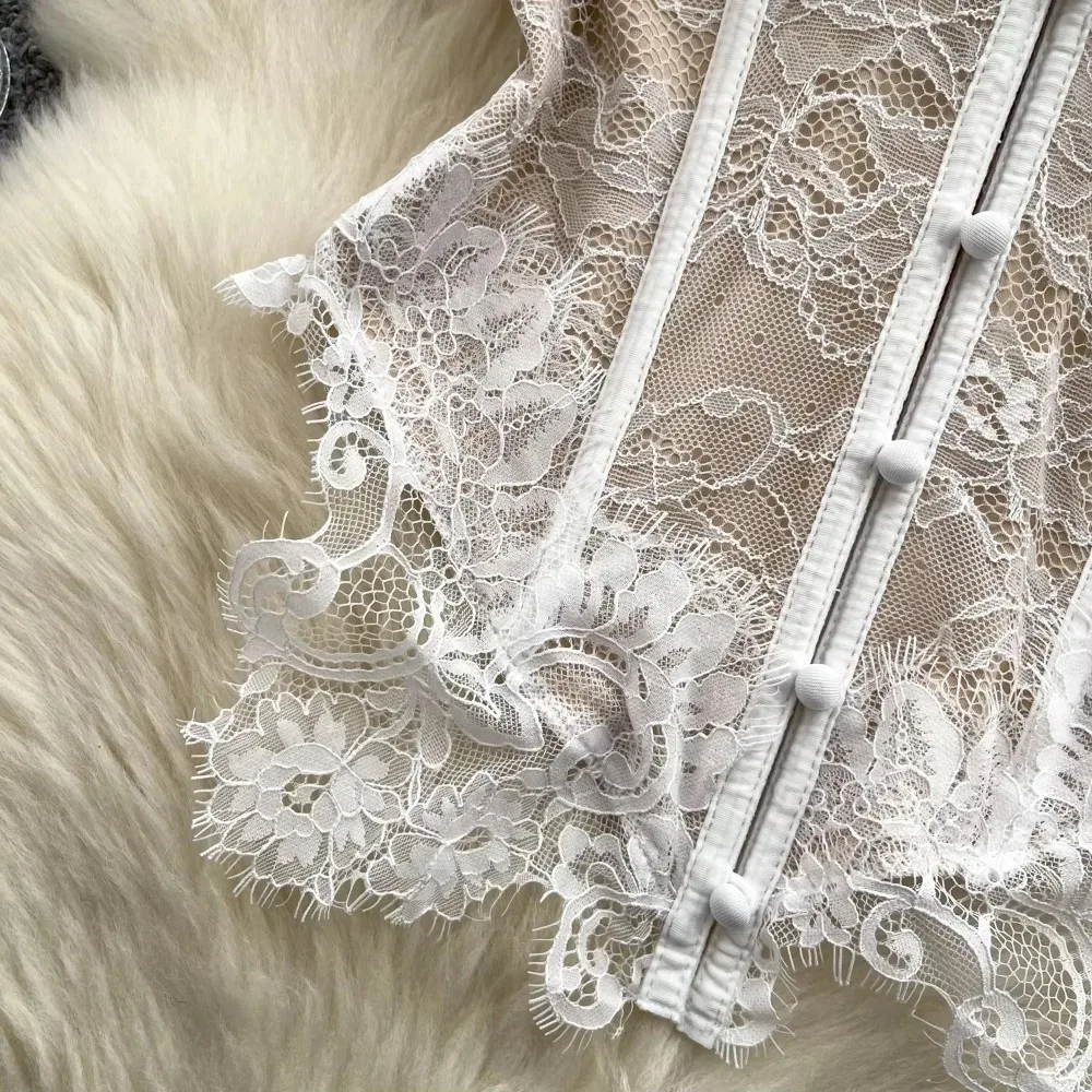 Vintage Mesh Elegant Embroidered Chic Single Breasted Strapless Tank Top Women French Hotsweet Streetwear High Street Clothing
