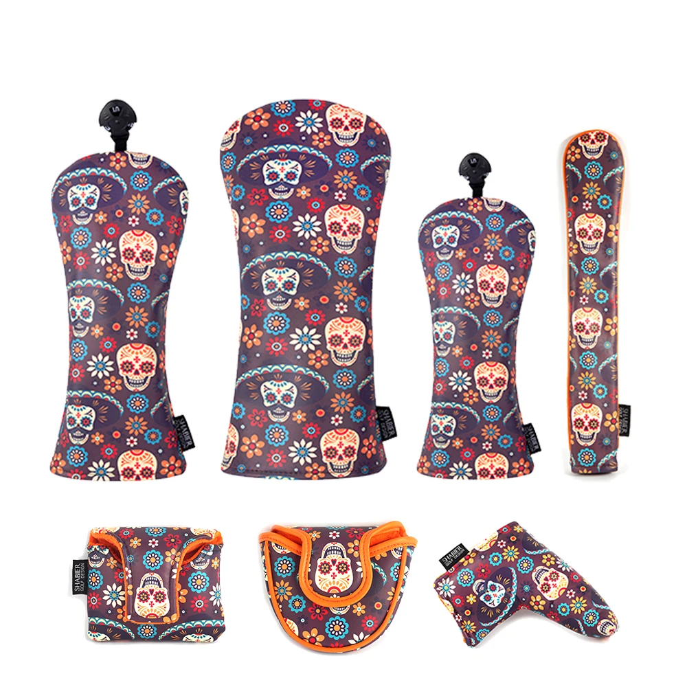 Día de los Muertos Style Soft PU Leather Printing Golf Club Headcover 3pcs Set Option Driver Fairway Wood Hybrid Covers