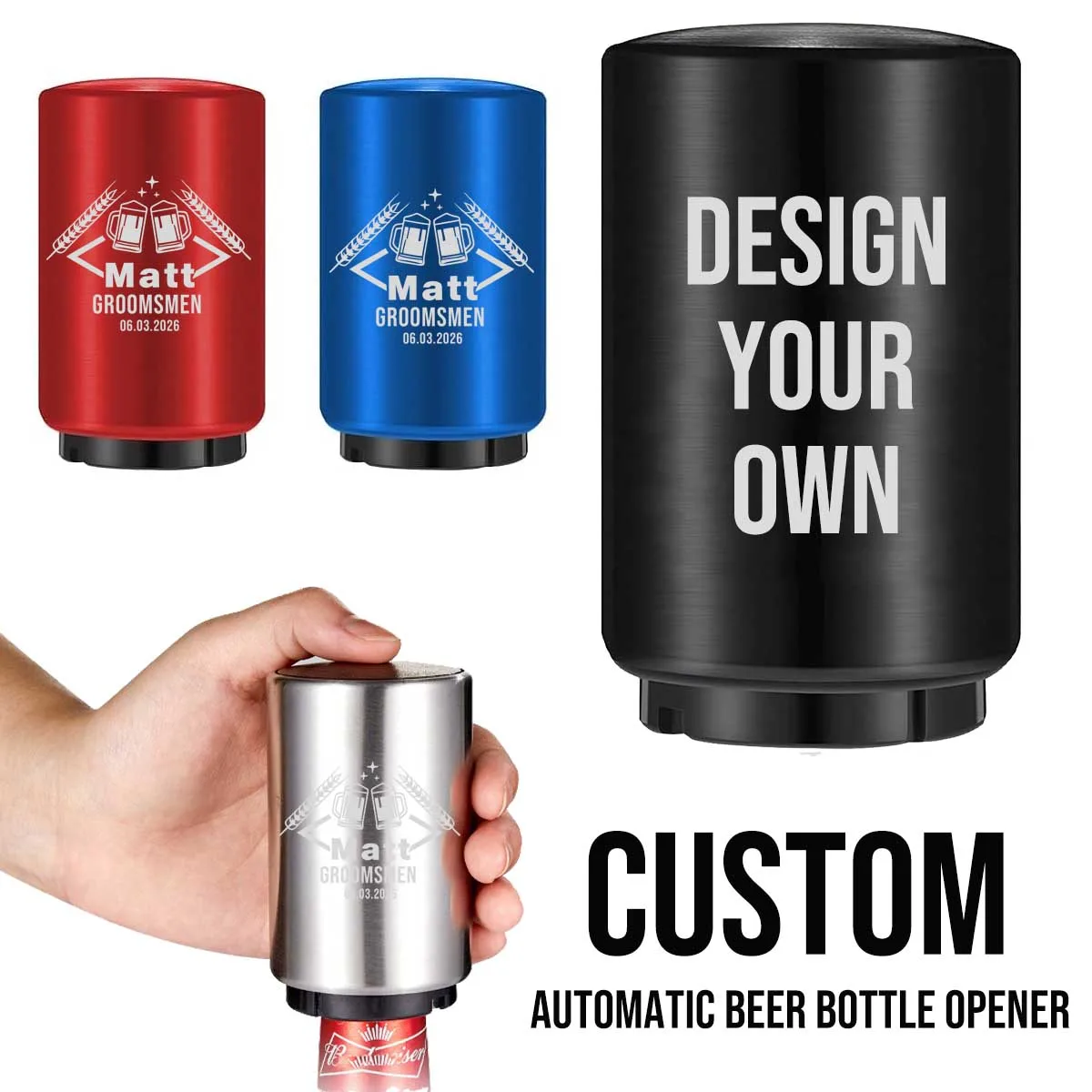 Custom Name Date Stainless Steel Push Down-Pop Off Beer Bottle Opener, Magnet Bottle Top Openers, Soda Cap Opener, Personalized
