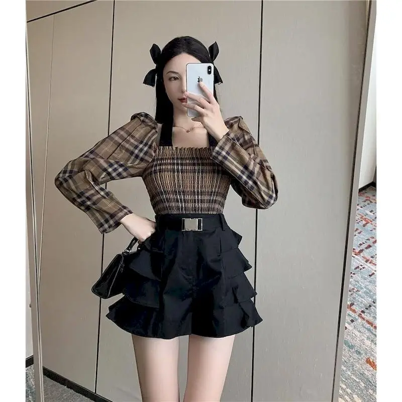 Fashion Short Plaid Blouses Sets Women Niche Square Collar One-shoulder Halter Neck Chic Long-sleeved Shirt Shorts 2 Piece Set