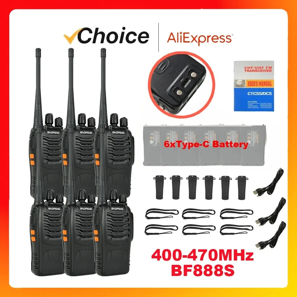 Baofeng Official Store 6Pcs BF 888S Walkie Talkie UHF 400 470MHz Long Range Two Way Ham Radios Transceiver for Hunting Hotel