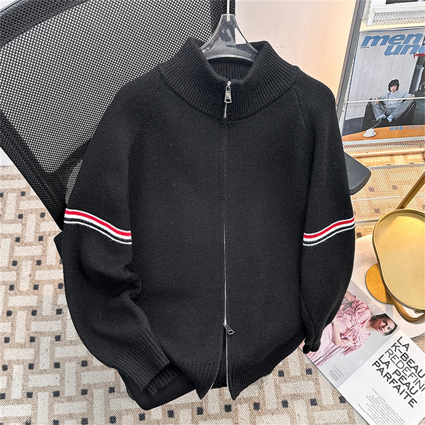 

Мужской вязаный кардиган Bla Polar Fce на осень-зиму, винтажный, в американском стиле, с цветными блоками, в полоску, с высоким воротником, размер S