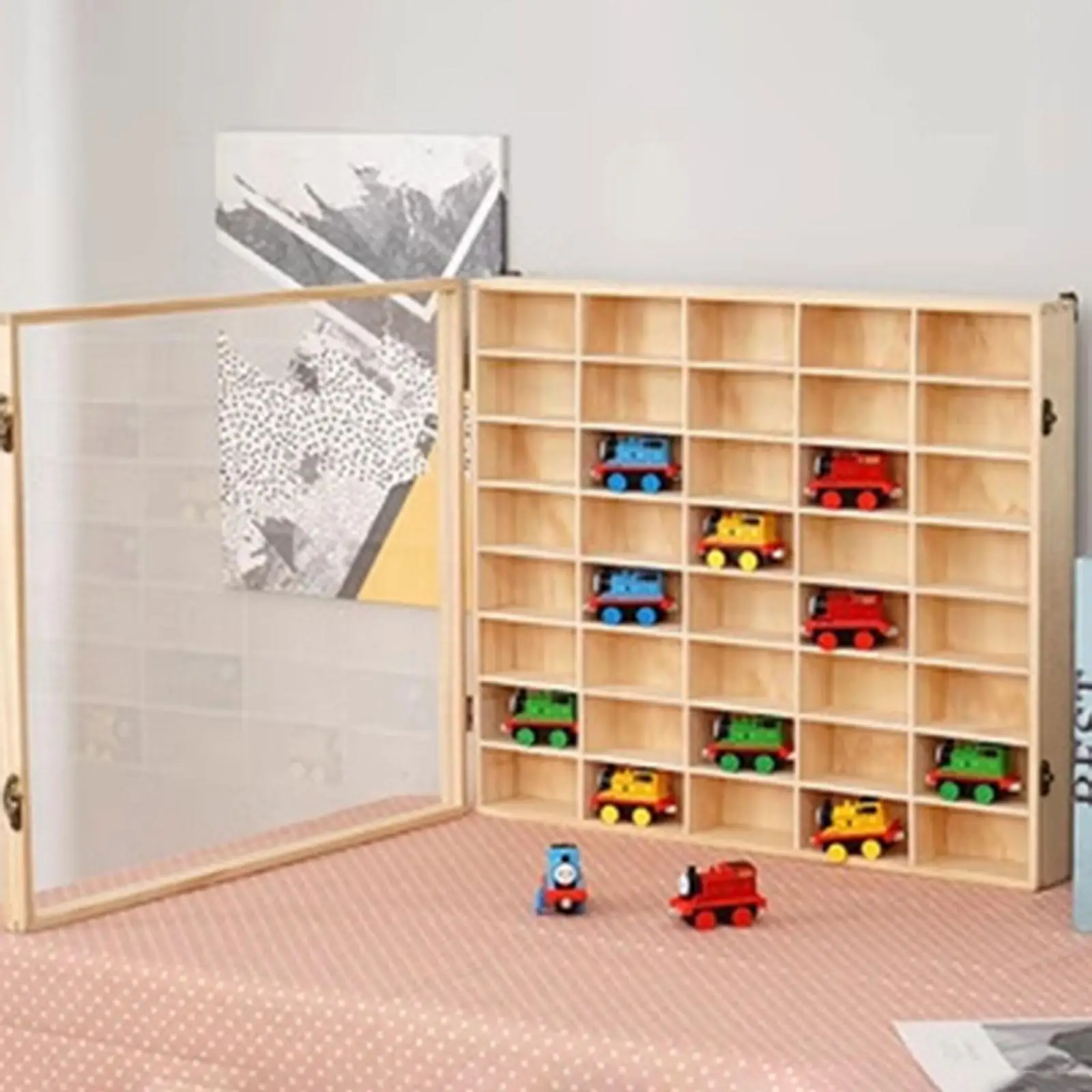 

Деревянная витрина для игрушечных автомобилей, литая под давлением стеллаж для хранения автомобиля, 40 отделений, органайзер, настенная автомобильная полка для крошечных кукол