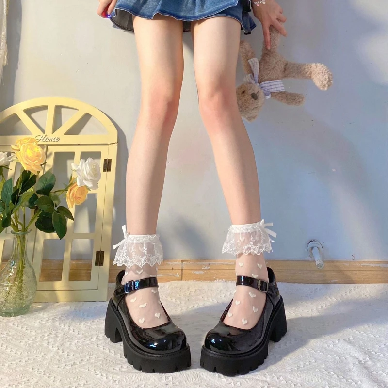 Women Lolita Transparent Mesh Crew Socks Sweet Ruffled Lace Trim Bowknot Cute Love Heart Pattern Anime Princess Hosiery