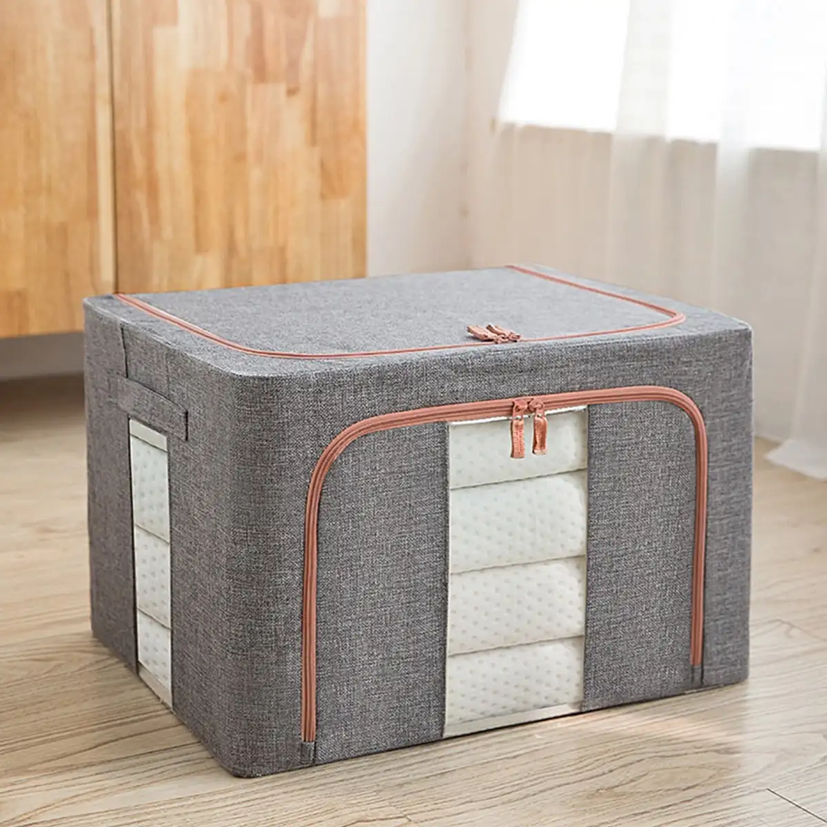 

Clothes Storage 66L 50*40*33 Organizer Oxford Cloth Bag Transparent Storages Box With Metal Bracket Support For Clothing Blanket