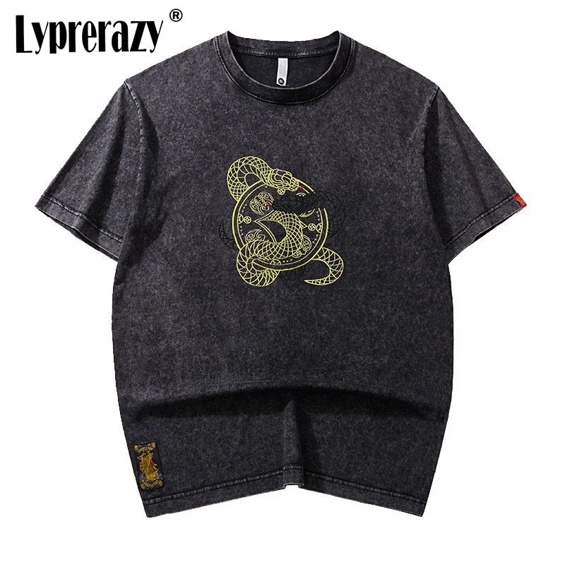 

Lyprerazy New Retro Double Snake Embroidery Short-sleeved T-shirt Summer National Tide Chinese Style Loose Men's Tee Shirt