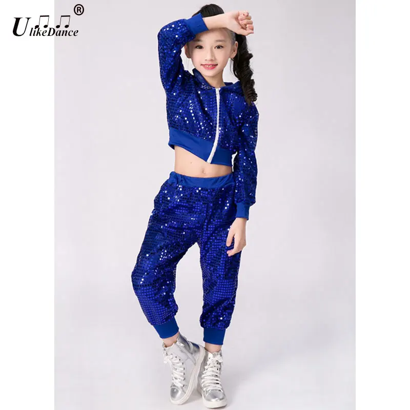 Disfraz de baile de Jazz con lentejuelas para niño y niña, traje moderno de animadora, Hip Hop, Top corto y pantalón, ropa de actuación