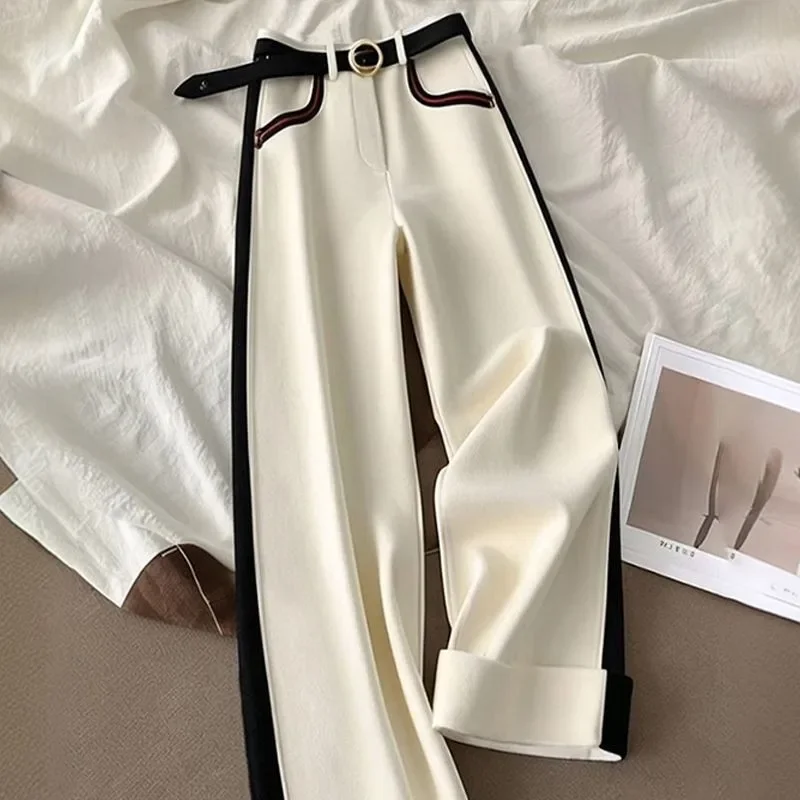 

High-end Contrasting Pants Women Black Side Stripe Pant Spring Autumn Fashion Office Lady Loose Trouser Versatile 759P