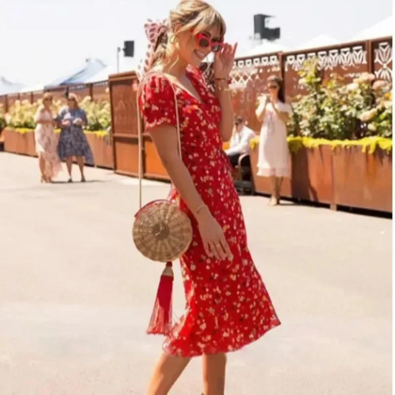 Women Summer Cherry Floral Print Maxi Beach Dress Female Fashion Boho Vintage V Neck Sexy Retro Party Dress New Red Wrap Dress