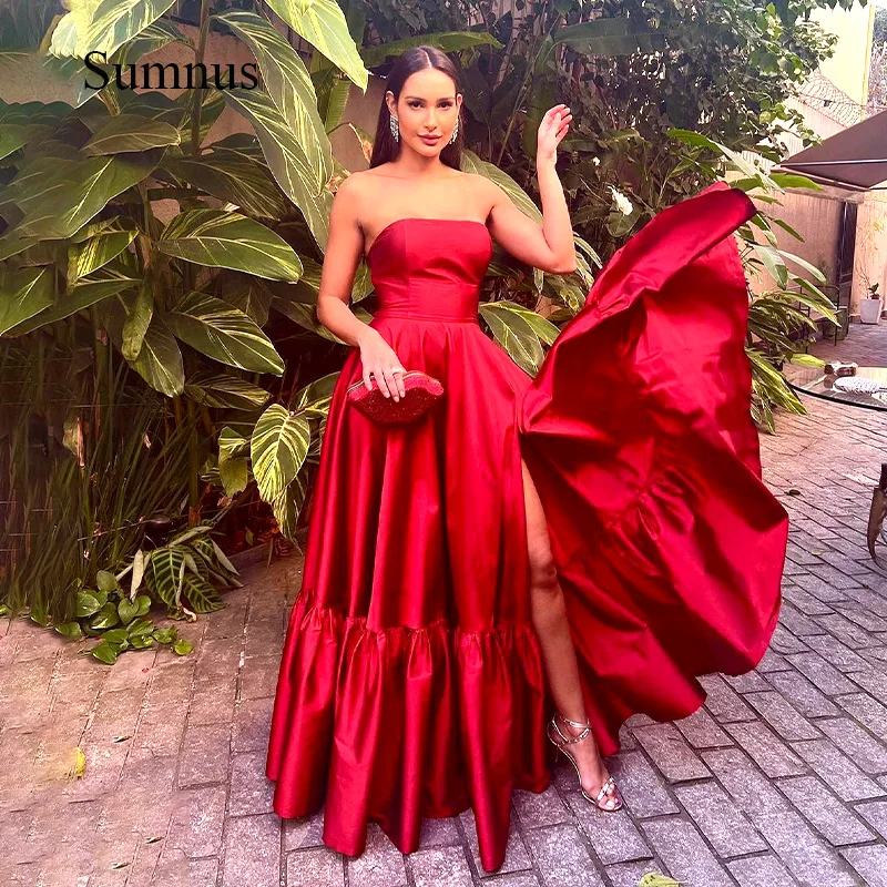 

Sumnus Satin A Line Prom Dress Simple Strapless Side Slit Party Dresses Pleats Floor Length Night Evening Gown vestidos de gala