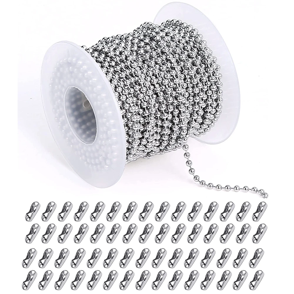 5 Meter Edelstahl-Perlenkette mit 50 Stück passendem verstellbarem Zugverbinder für die Herstellung von Schlüsselanhänger-Anhängern und Schmuck