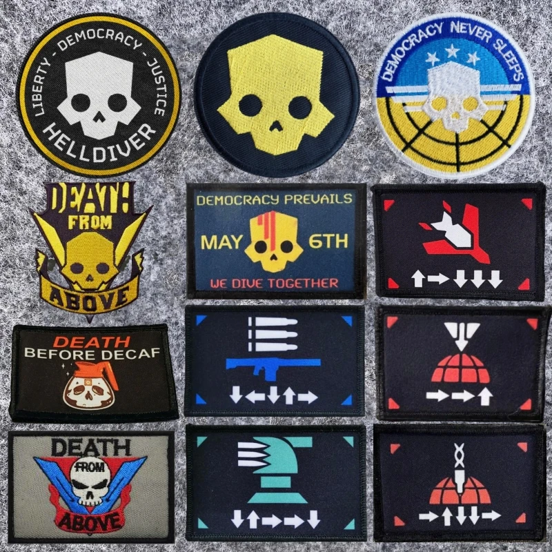 HellDivers 2 Weaving Mark Patches Hell Divers Morale Badge Death Skull Embroidery Patch We Dive Together Tactical emblems