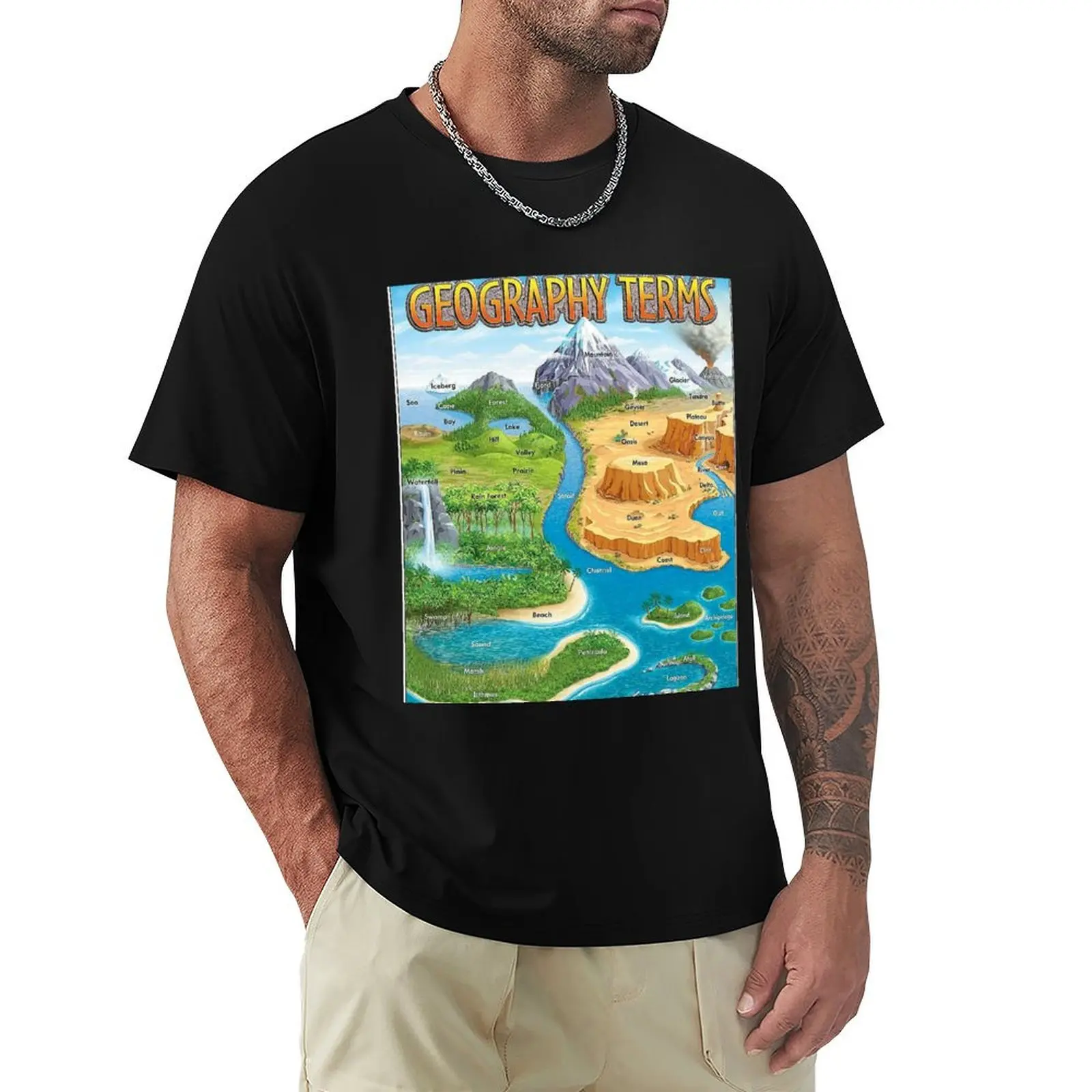 T-shirt décontracté à motif de carte avec des termes géographiques des années 90, T-shirt ample pour usage quotidien