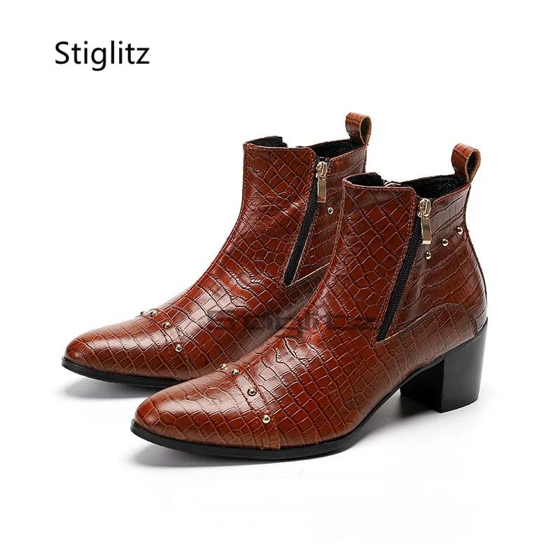 Retro High Heels Men's Ankle Boots Genuine Leather Rivets Chelsea Boots British Style Side Zip Handmade Office Dress Shoes