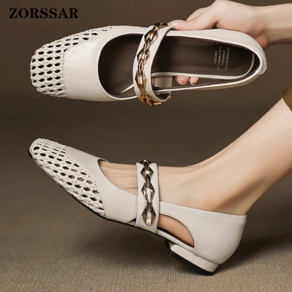 

Women's Leather Square Toe Flats, Cut-out Breathable Mary Jane Shoes with Metal Chain Decor, Chic Lightweight Casual Footwear